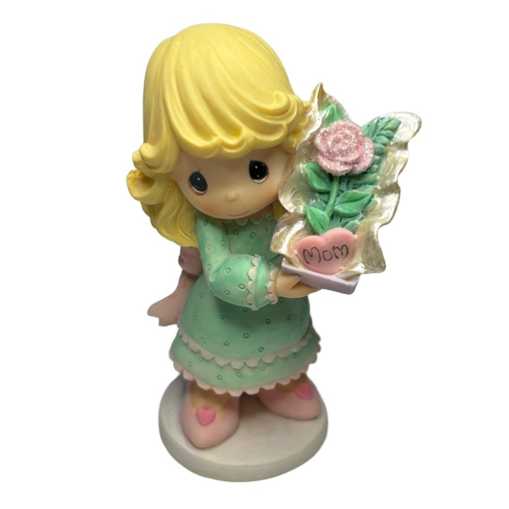 Precious Moments Blonde Girl holding floral arrangement with Mom heart,2004
